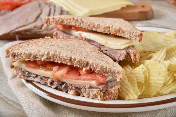 istock Roast beef & swiss cheese sandwich with potato chips 1203856829