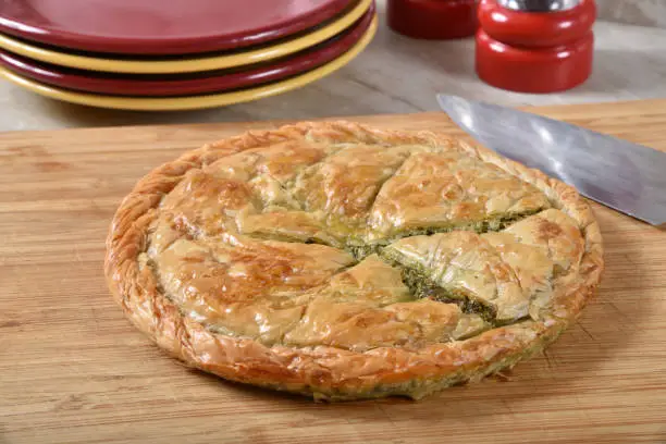Fresh baked spanakopita with spinach, feta cheese and a flaky crust