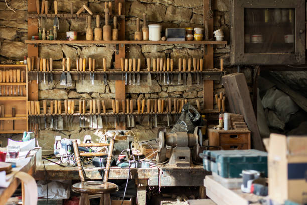 istock Workplace of a master carver. 1203860557