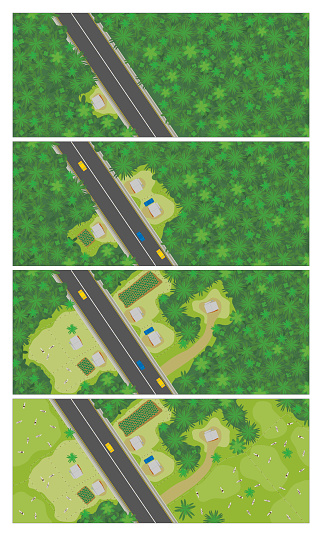 Top view graph shows in 4 steps how to start populating and deforesting to put cows an area in the middle of the jungle where a road was built. Vector image