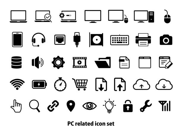 ilustraciones, imágenes clip art, dibujos animados e iconos de stock de conjunto de ilustraciones vectoriales de icono relacionados con pc (ordenador personal) - cubículo
