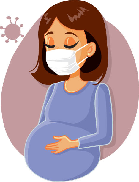 illustrations, cliparts, dessins animés et icônes de femme enceinte combattant le virus utilisant le masque médical de visage - wearing