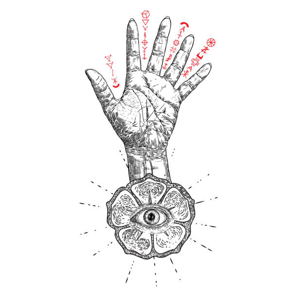ilustrações de stock, clip art, desenhos animados e ícones de fortune teller hand or witch hand with all seeing eye. mystic and occult symbols. palmistry concept of spirituality, astrology and esoteric concept. magic black ink tattoo flash idea. vector - information medium