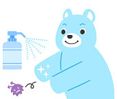 Illustration of an anthropomorphic bear disinfecting his hands with alcohol to prevent infection
