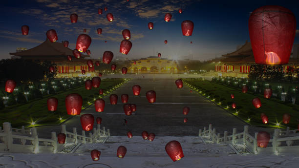 istock fire paper lanterns in the night sky with nice background 1203877067