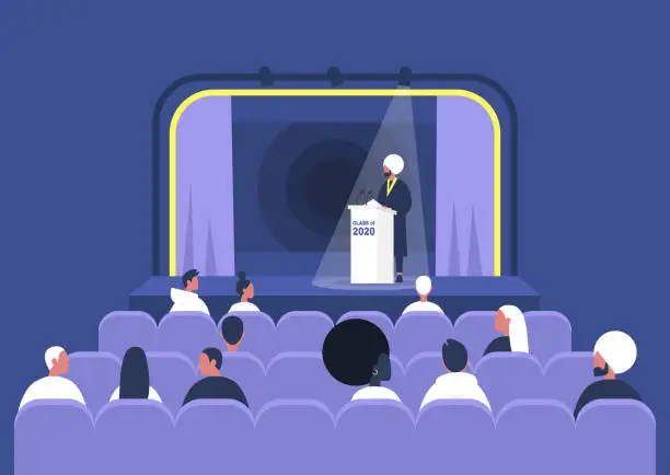 Vector illustration of Class of 2020 Graduation ceremony, Graduated indian male student in a gown standing on stage behind a tribune