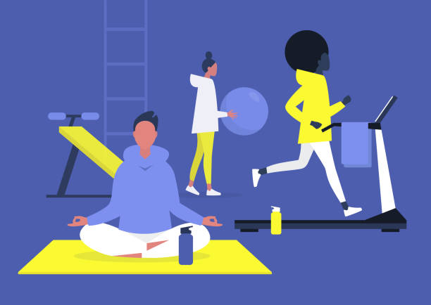 ilustrações de stock, clip art, desenhos animados e ícones de workout in the gym scene, young adults jogging, doing yoga and aerobics, healthy lifestyle - men exercising equipment relaxation exercise