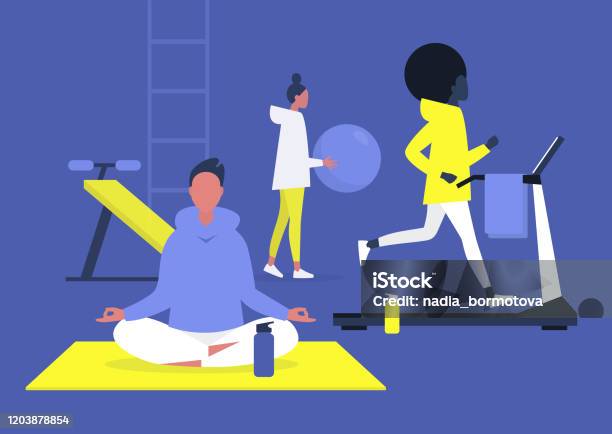 Workout In The Gym Scene Young Adults Jogging Doing Yoga And Aerobics Healthy Lifestyle Stock Illustration - Download Image Now