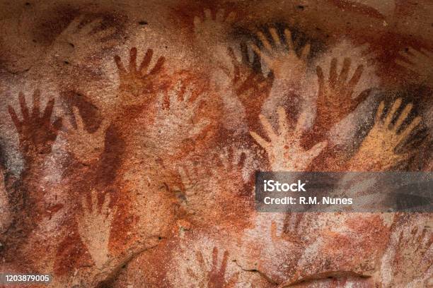 Hand Paintings At The Cave Of Hands In Santa Cruz Province Patagonia Argentina South America Stock Photo - Download Image Now