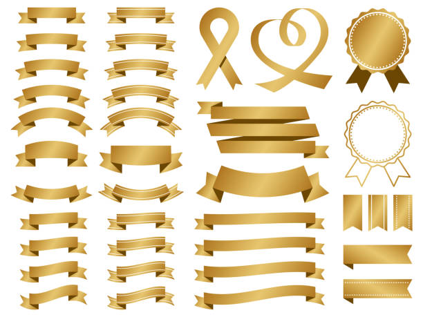 ilustrações de stock, clip art, desenhos animados e ícones de set of various gold vector ribbons. - fita ilustrações
