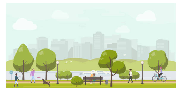 공공 도시 공원 풍경 평면 그림입니다. 도시 공원에서 휴식을 취하고, 걷고, 개와 놀고, 자전거를 타는 사람들. - 원천 stock illustrations