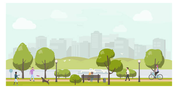Public city park landscape flat illustration. People relaxing in city park, walking, playing with dog, riding bicycle. Public city park landscape flat illustration. Stock vector. People relaxing in city park, walking, playing with dog, riding bicycle. russia city spring stock illustrations