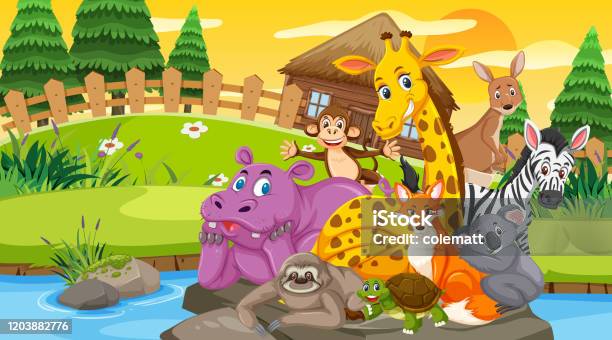 Scene With Many Wild Animals In The Forest Stock Illustration - Download  Image Now - Africa, Animal, Animal Wildlife - iStock