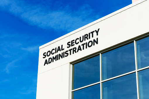 Social Security Administration sign on field office building. SSA is an independent agency of the U.S. federal government that administers Social Security - San Jose, California, USA - 2020