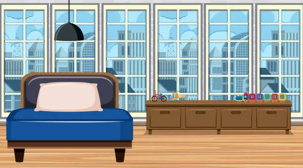Vector illustration of Room with blue safa and wooden shelf