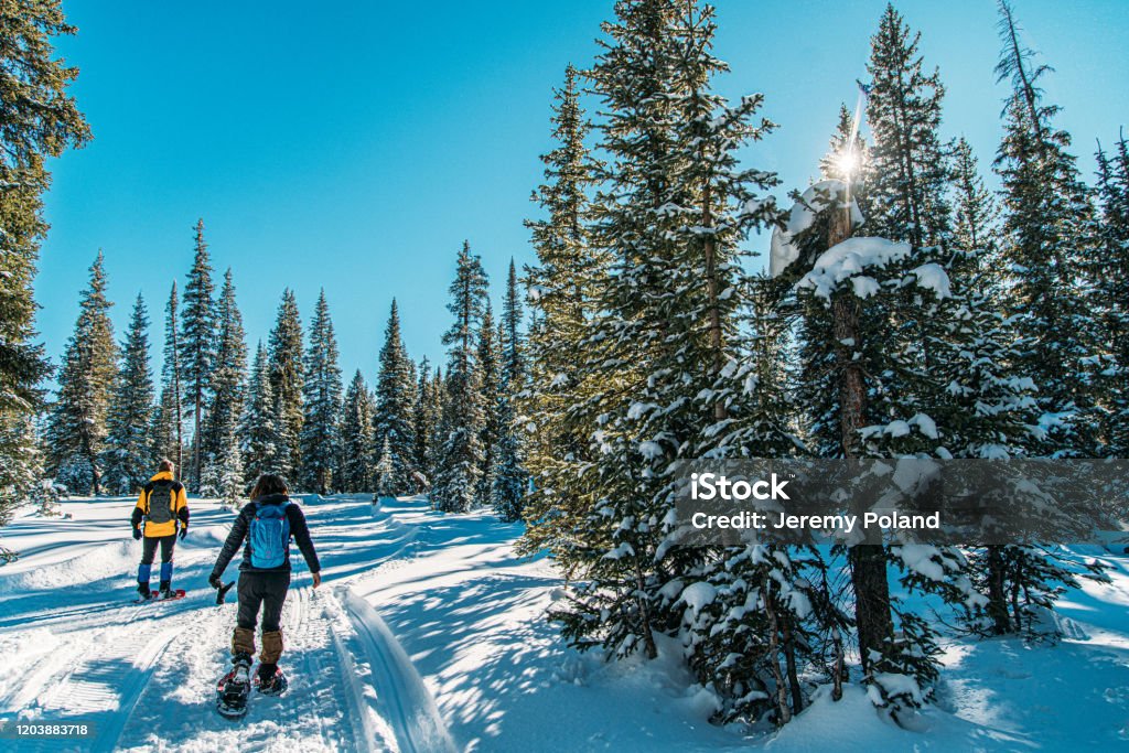 Male and Female Caucasian Adult Hikers Snowshoeing Together on a Groomed Path Outdoors in the Snow Winter Stock Photo