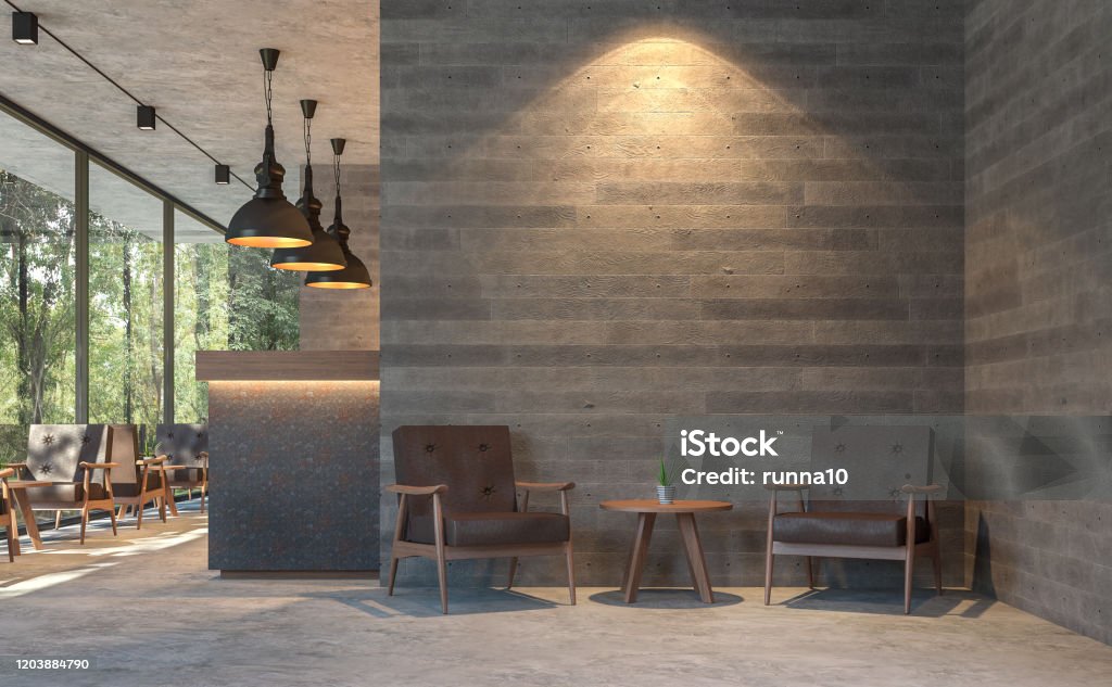 Loft style coffee shop with nature view 3d render Loft style coffee shop with nature view 3d render,There are polished concrete floors, wood plank stamped concrete walls, decorate with  brown leather furniture,Large window overlooking green garden. Wall - Building Feature Stock Photo