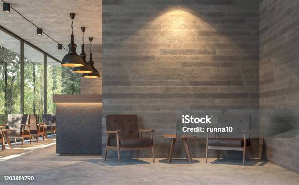 Loft Style Coffee Shop With Nature View 3d Render Stock Photo - Download Image Now - Wall - Building Feature, Cafe, Restaurant