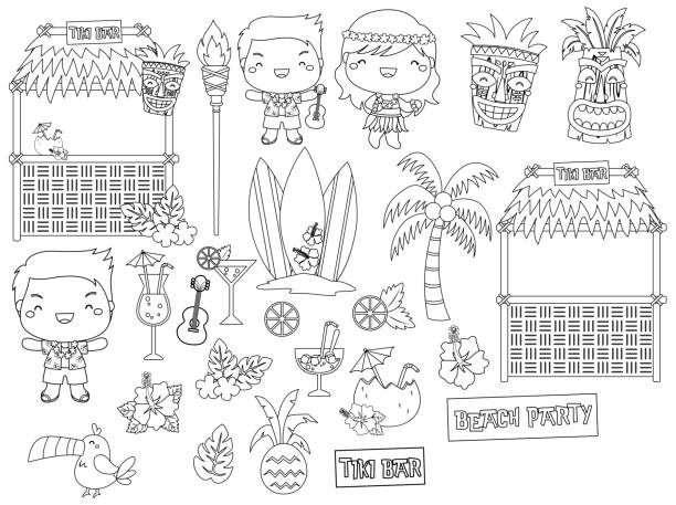 illustrazioni stock, clip art, cartoni animati e icone di tendenza di hawaii luau bianco e nero - bar women silhouette child