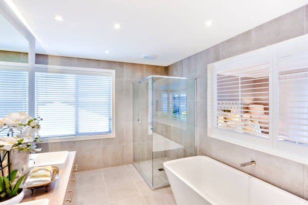 istock Luxurious Bathroom With Stylish Bath Tub 1203892200