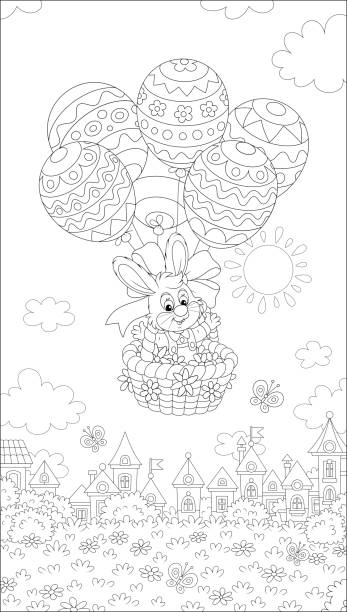 osterhase fliegt mit luftballons - baumwollschwanzkaninchen stock-grafiken, -clipart, -cartoons und -symbole