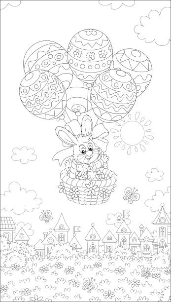 ilustrações, clipart, desenhos animados e ícones de coelhinho da páscoa voando com balões - easter egg paint black and white drawing