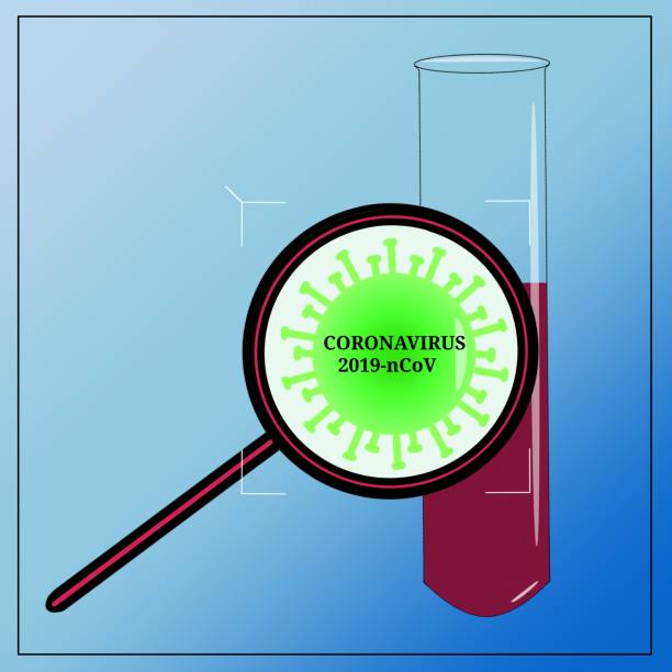 ilustrações de stock, clip art, desenhos animados e ícones de a blood flask, a magnifying glass with a coronavirus and a place for text - confined space flash