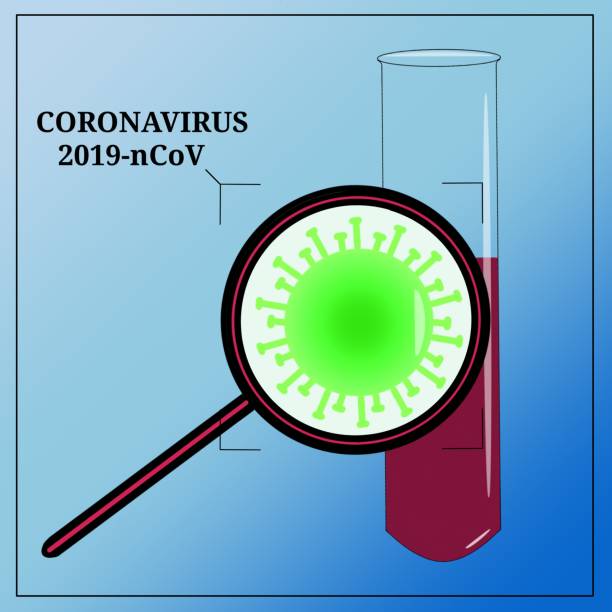 illustrazioni stock, clip art, cartoni animati e icone di tendenza di una fiaschetta di sangue, una lente d'ingrandimento con coronavirus e un luogo per il testo - bacterium virus magnifying glass green