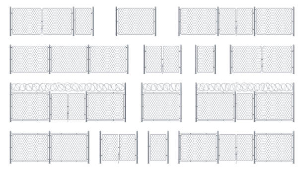 ilustrações de stock, clip art, desenhos animados e ícones de set of isolated chain link fences with barbed wires and chainlink, entrance or gate, cage wicket. barrier for jail or obstacle for security, steel or metal wall with barbwire, chained military border - barbed wire wire chain vector