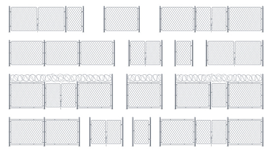 Set of isolated chain link fences with barbed wires and chainlink, entrance or gate, cage wicket. Barrier for jail or obstacle for security, steel or metal wall with barbwire, chained military border