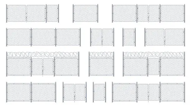 Vector illustration of Set of isolated chain link fences with barbed wires and chainlink, entrance or gate, cage wicket. Barrier for jail or obstacle for security, steel or metal wall with barbwire, chained military border