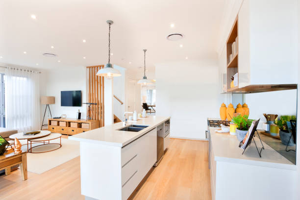 istock Stylish Modular Kitchen Attached To The Living Room 1203894061