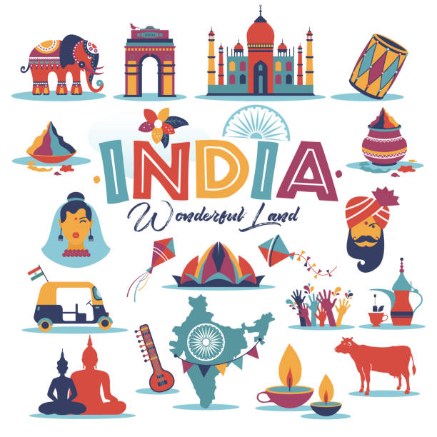 ilustrações de stock, clip art, desenhos animados e ícones de india set asia country vector indian architecture asian traditions buddhism travel isolated icons and symbols. - lotus mahal