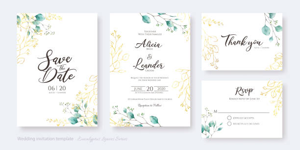 Set of floral wedding Invitation card, save the date, thank you, rsvp template. Water color and golden silver dollar leaves. Set of floral wedding Invitation card, save the date, thank you, rsvp template. Vector. Water color and golden silver dollar leaves. rsvp stock illustrations