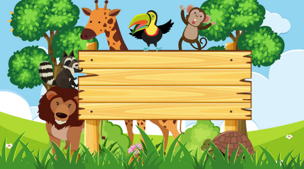 Wooden sign with wild animals in the park Wooden sign with wild animals in the park illustration bills lions stock illustrations