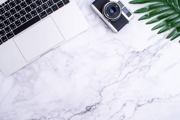istock Top view of a modern tourist desk with copy space. 1203897657