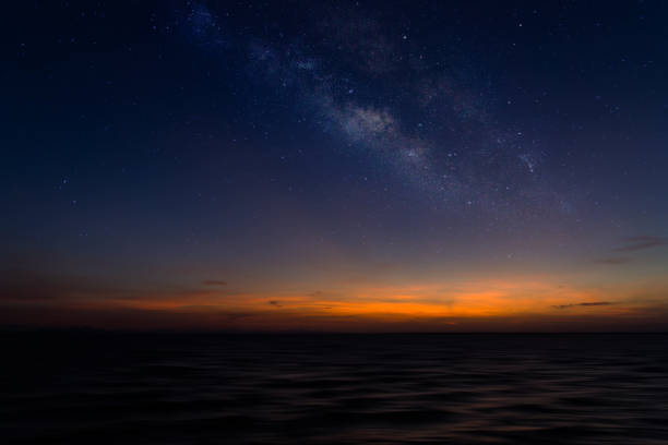 istock Silhouette seascape with twilight sky and star. 1203898845