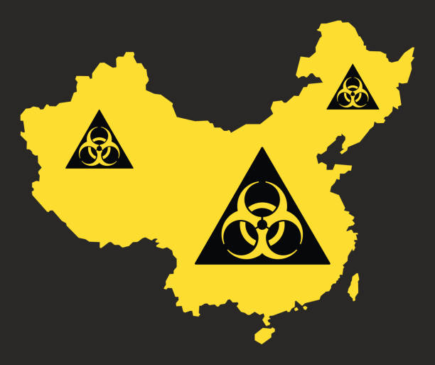 검은 색과 노란색으로 생물 학적 바이러스 기호 그림과 중국지도 - toxic waste biochemical warfare biohazard symbol dirty stock illustrations