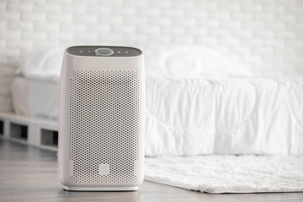 신선한 공기와 건강한 생활을 위한 가정에서 먼지 pm2.5 hepa를 제거하는 필터 및 청소를 위한 아늑한 백색 침대 방에 있는 공기 청정기, 공기 오염 개념 - air cleaner 뉴스 사진 이미지