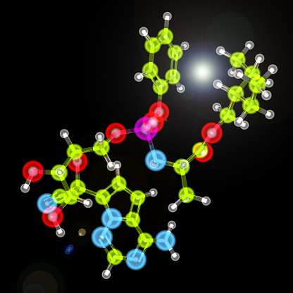 Rendered Remdesivir molecule in 3D, an experimental drug from Gilead, used to cure the first case of 2019-nCoV in the United States (for a patient at Seattle, Washington). The model showed accurate atom connection and stereochemistry, based on the chemical structure available in public space from U.S. National Library of Medicine, which was professionally checked. Color symbols - green=carbon, red=oxygen, blue=nitrogen, white=hydrogen, purple=phosphorus