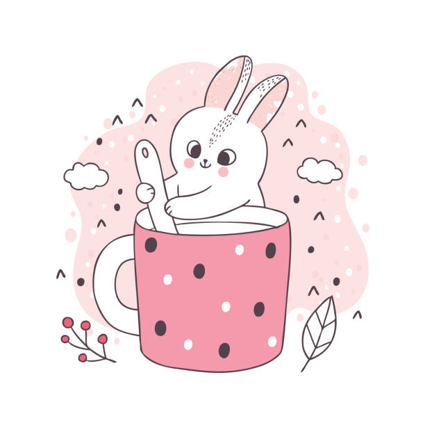 illustrazioni stock, clip art, cartoni animati e icone di tendenza di cartoon carino coniglio e caffè tazza vettore. - ca02