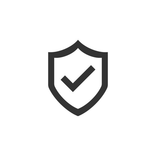 Shield with check mark icon in flat style. Protect vector illustration on white isolated background. Checkmark guard business concept. Shield with check mark icon in flat style. Protect vector illustration on white isolated background. Checkmark guard business concept. safety stock illustrations