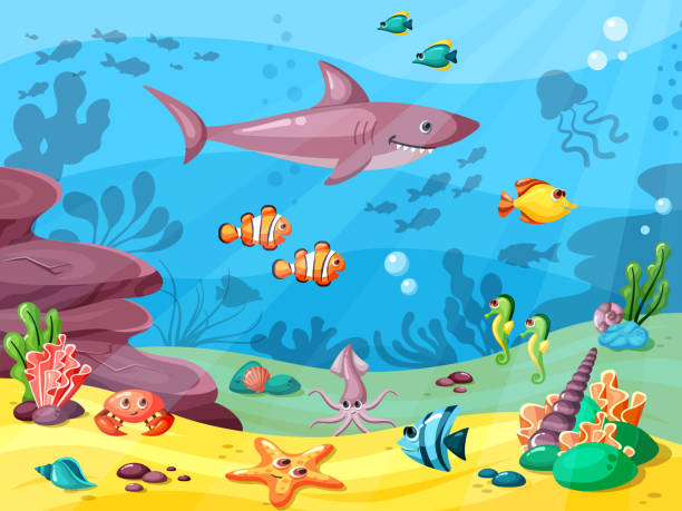 illustrations, cliparts, dessins animés et icônes de la vie sous-marine. animaux sauvages dans l'océan ou l'eau de mer coulant de grands petits poissons algues coraux coquillages. fond vectoriel - fish tank