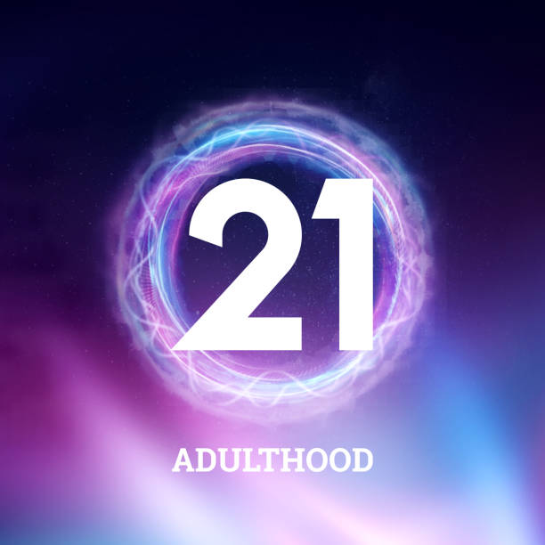 istock White numbers 21 years adulthood celebration on dark background with neon abstract design. celebration template, Greeting card, holiday template, flyer, copy space. 1203904151