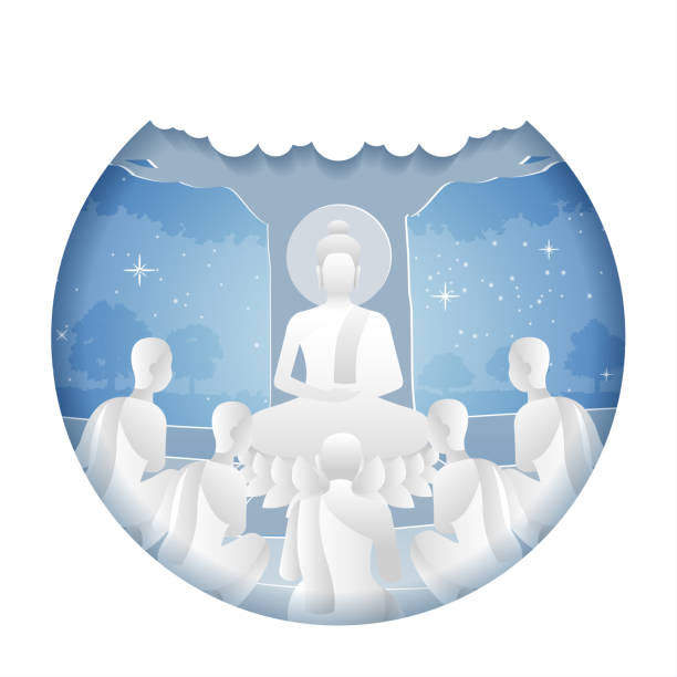 Buddha Paper 02 lord of Buddha teach five ascetics to be enlighten with paper art design, vector illustration happy vesak day stock illustrations
