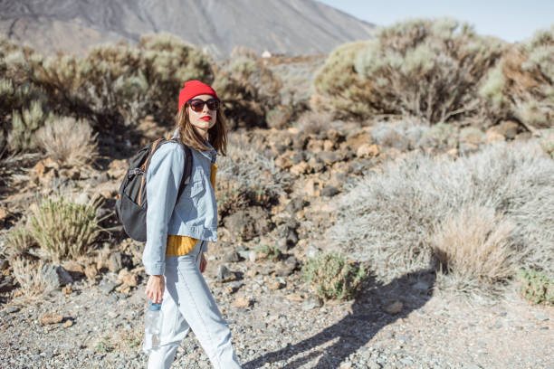 istock Woman traveling on volcano valley 1203907896