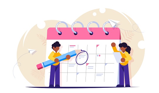 Concept of planning tasks for the week, month. Employees with a pencil and a list of tasks are near the calendar, the scheduler. Black man and woman make up a business plan. Modern flat illustration.