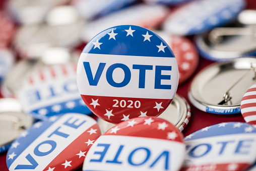 Botón de la insignia de la elección de votación para los antecedentes de 2020, votar EE.UU. 2020 photo