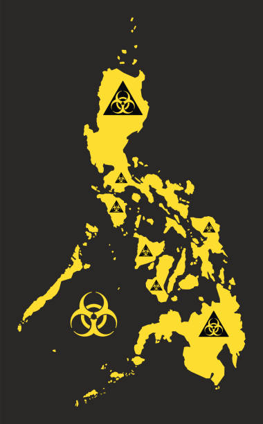 검은 색과 노란색으로 생물 학적 바이러스 기호 그림과 필리핀지도 - toxic waste biochemical warfare biohazard symbol dirty stock illustrations