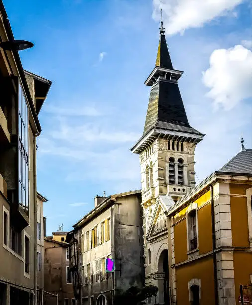 Charming steeple in quaint Lalande street in Bourg-en-Bresse